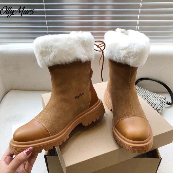 

ollymurs khaki genuine leather warm wool inside winter boots lace up fashion snow boots platoform zapatos mujer, Black