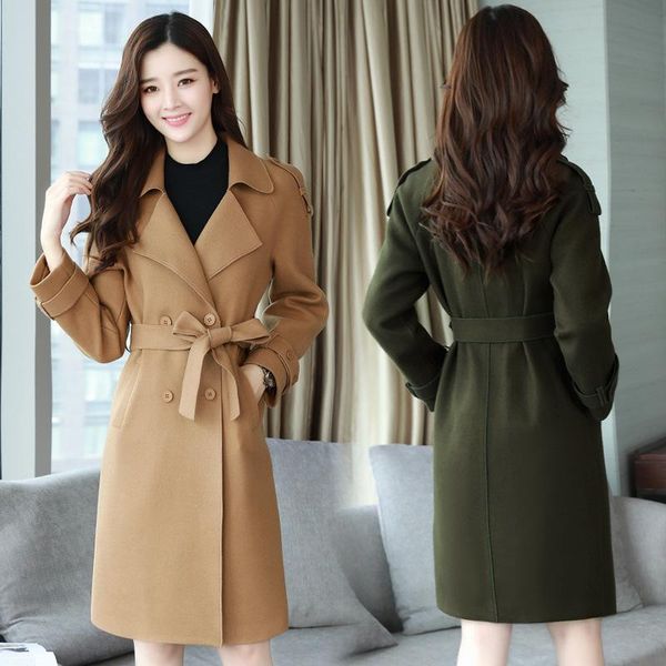 

women's wool & blends office lady solid long coat double breasted blend and jacket sashes slim women coats autumn winter, Black