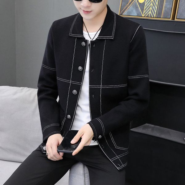 

2021 men's jacket spring new lapel knitted shirt fine work made unique cardigan coat young vitality rs67, Black;brown