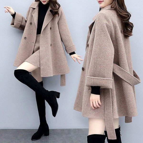 

2020 women's real soild color twinset woolen loose coat short skirt heavy woolen half-body skirt suit woman tide two-pieces sets1, White