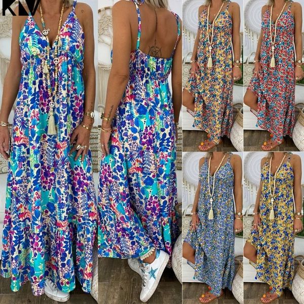 

klv women plus size boho floral maxi v neck party dress strappy loose summer beach sundress t200604, Black;gray