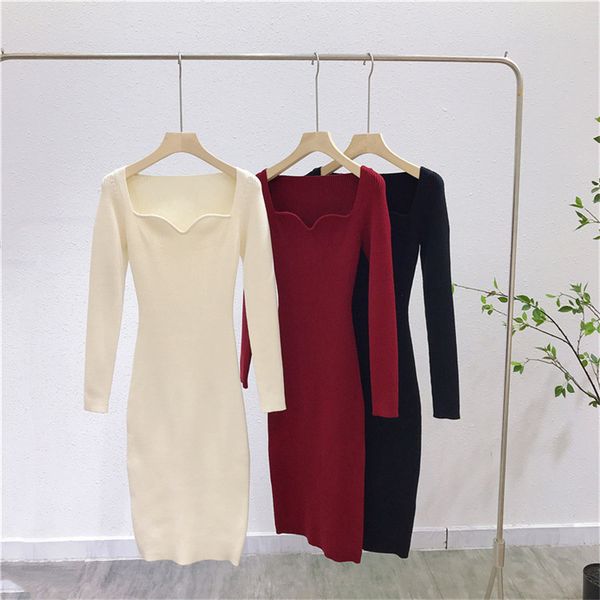 

2021 new french retro petal collar waist knit dress female autumn and winter new base over-the-knee long skirt a3m8, Black;gray