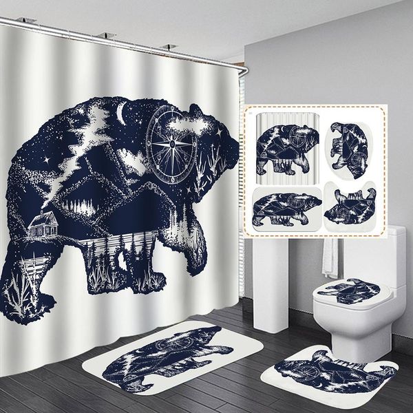 

водонепроницаемый набор для ванной комнаты 4 шт душевой занавес смешной медведь печать ковер обложка туалетное обложка коврик для ванной ков