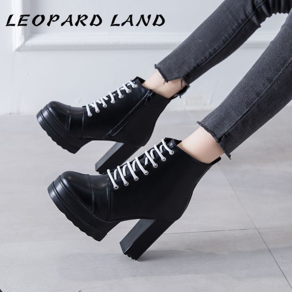 

leopard land high-heeled shoes women's boots 10cm booties thin platform waterproof boots high-heeled ankle -3, Black
