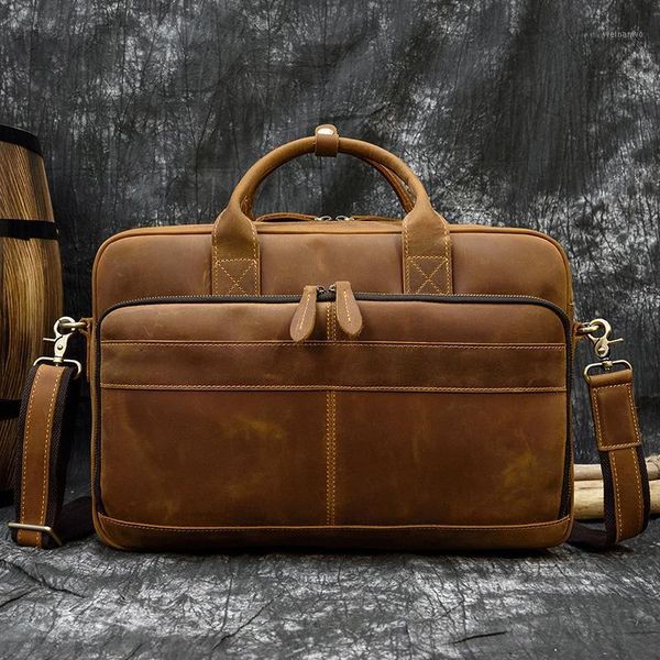 

crazy horse leather men briefcase genuine leather lapbag 15.6" pc lawyer computer bag cowhide male men bags1