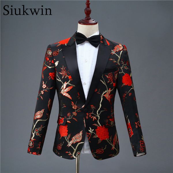 Preto e Vermelho Mens Vintage Imprimir Blazer Elegante Homens Homens Homens Prom Ternos Tupe Tuxedo Terno Masculino Mola Blazer para Homens 201113