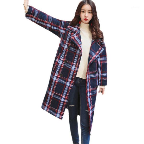 

women autumn winter new thicken warm plaid woolen coat adjustable waist overcoat female brand casual loose plus size long jacket1, Black