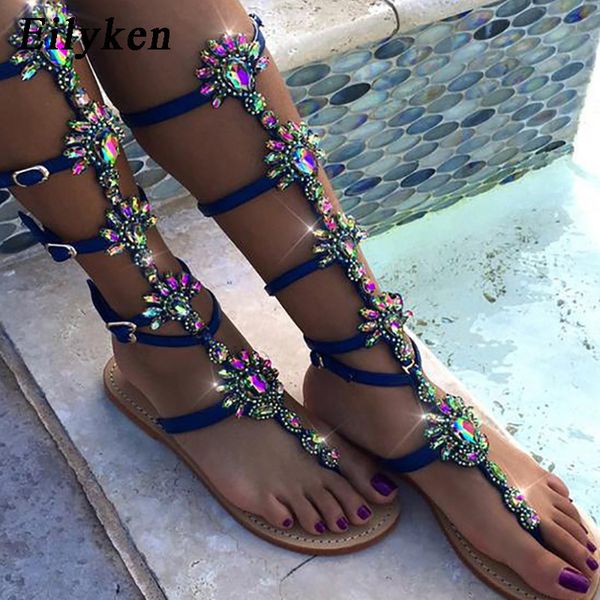 

eilyken 2020 new summer flats sandal gladiator gold blue crystal knee high buckle strap woman boots bohemia style shoes t200628, Black