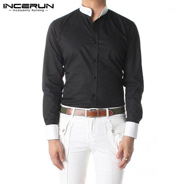 

men's casual shirts incerun fashion men shirt patchwork long sleeve stand collar button streetwear leisure business spring camisa 20211, White;black
