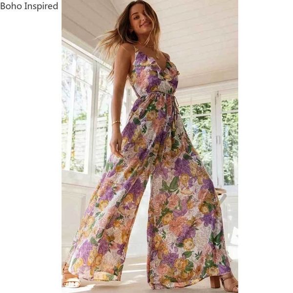 

boho inspired floral jumpsuits summer frill hem elastic waist ruffle romper women v-neck button wild leg boho playsuits female y200422, Black;white