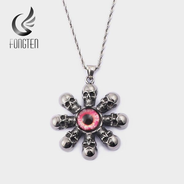 

fongten vintage metal skull eye stainless steel big flower k pop pendant necklace men accessories fashion jewelry jlluya, Bronze;silver