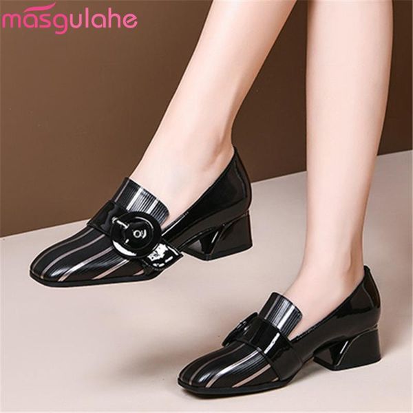 

masgulahe 2020 big size 33-43 fashion women pumps genuine leather buckle shoes woman thick heels square toe single shoes, Black