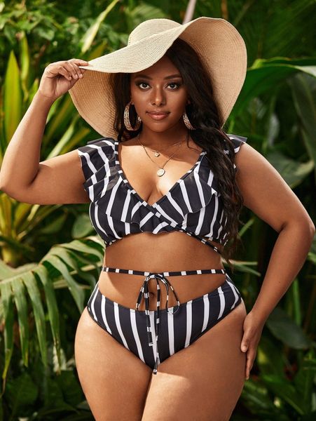 

plus striped lace up bikini swimsuit v6xg#, Black