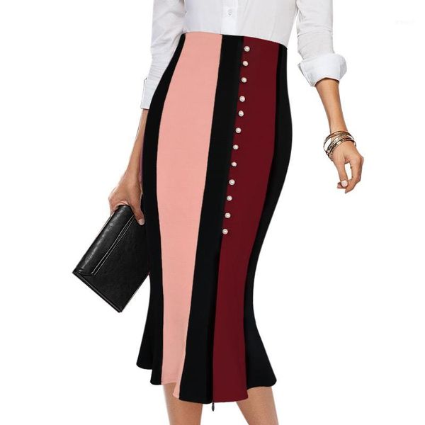 

vfemage women elegant contrast high waist front slit work business party cocktail fishtail mermaid flared pencil midi skirt 11771, Black