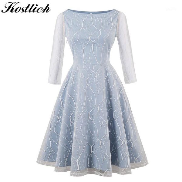 

kostlich 2018 women summer dress o-neck long sleeve hepburn 60s vintage dress white lace mesh patchwork party dresses plus size1, White;black