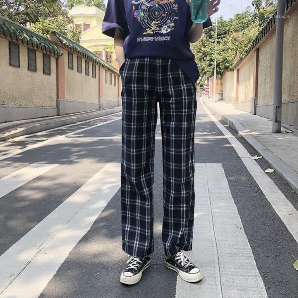 

vintage plaid pants women pocket elastic waist korean streetwear 2020 spring new casual loose straight sweatpants1, Black;white