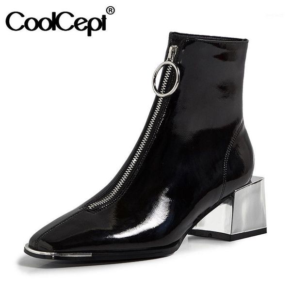 

coolcept new woman ankle boots square heel real leather zipper woman short boots fashion winter shoes footwear size 34-391, Black