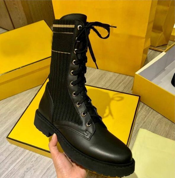 

2021 women boots knitted stretch boots black leather knight short boots design leather casual shoes