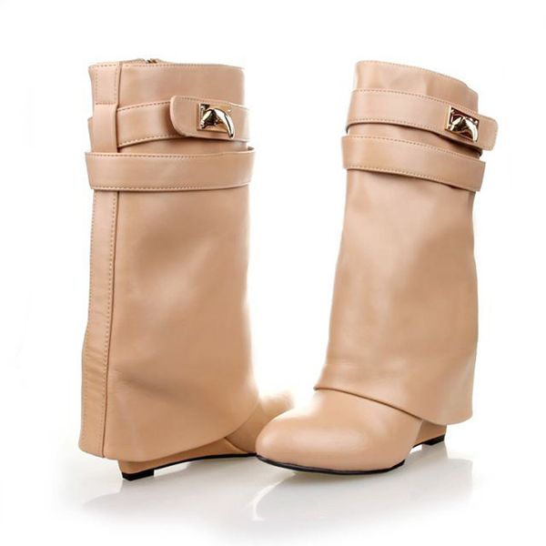 

metal shark-lock women boots designer luxurious leather mid calf winter shoes woman wedges increasing height layer boots, Black