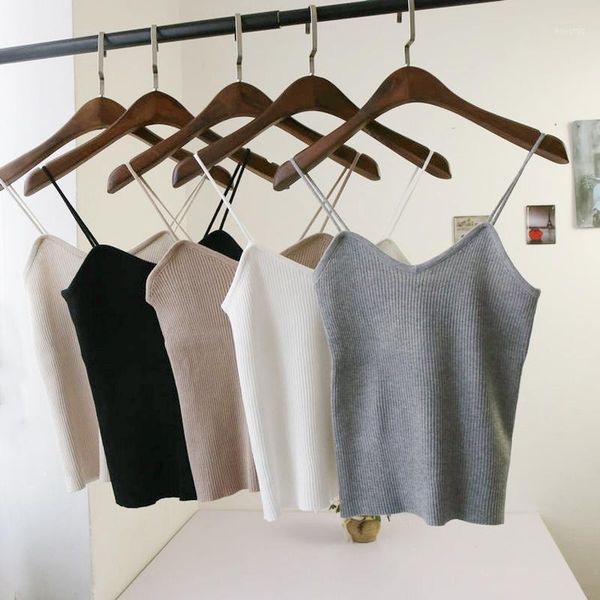 

2020 spring summer fashion knitted camisole women casual v-neck solid tank basic cami vest crop femme high elasticity1, White
