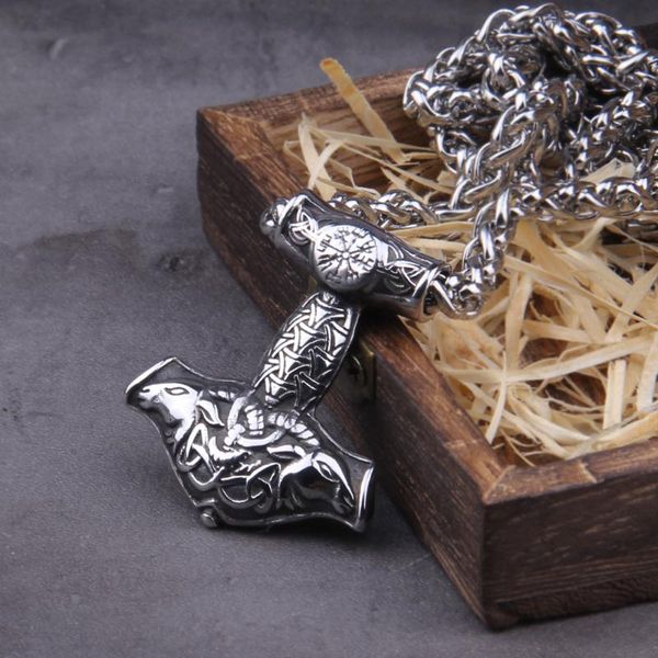 

nordic viking stainless steel thor hammer mjolnir odin goat valknut vegvisir pendant necklace with valknut gift wooden box, Silver