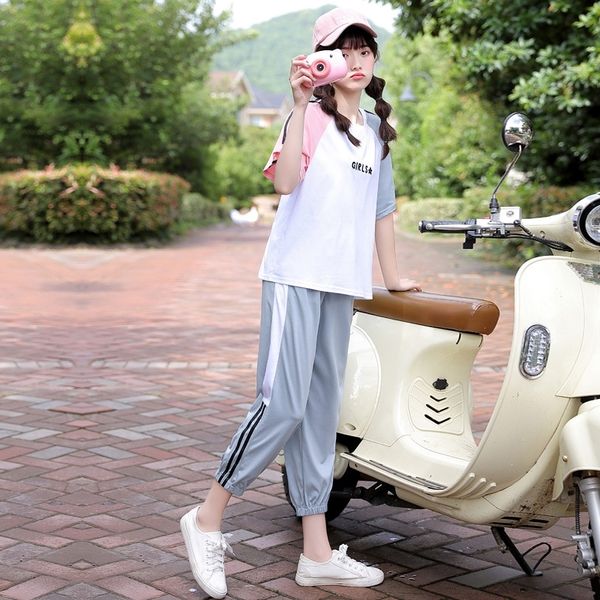 

syglh short-sleeved two-piece leisure short-sleeved sports leisure student two-piece student sports 2011098 suit suit 2011098 qufkv, Gray