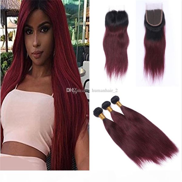 

1b 99j ombre straight hair bundles with 4*4 lace closure 1b 99j ombre human hair weaves with lace closure, Black;brown