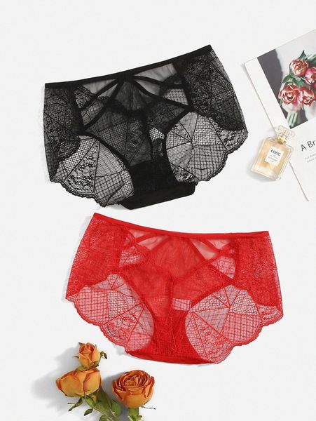 

2pack plus scallop trim lace panty j3vk#, Black;white