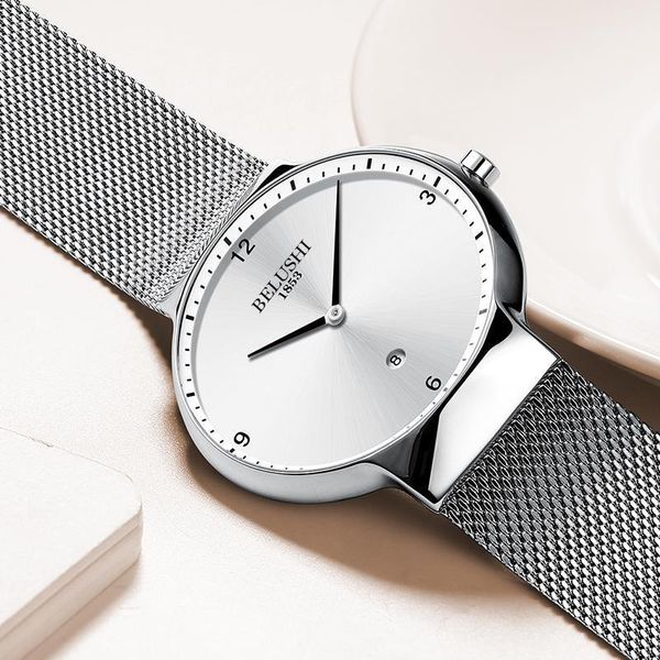 

simple style mens watches waterproof ultra thin date clock male steel mesh strap casual quartz sport wristwatch1, Slivery;brown