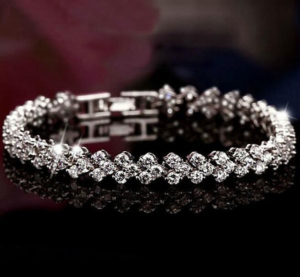 

luxury austria shining crystal bracelets genuine 925 sterling silver charms bracelet zircon diamond roman tennis link bracelet jewelry, Golden;silver