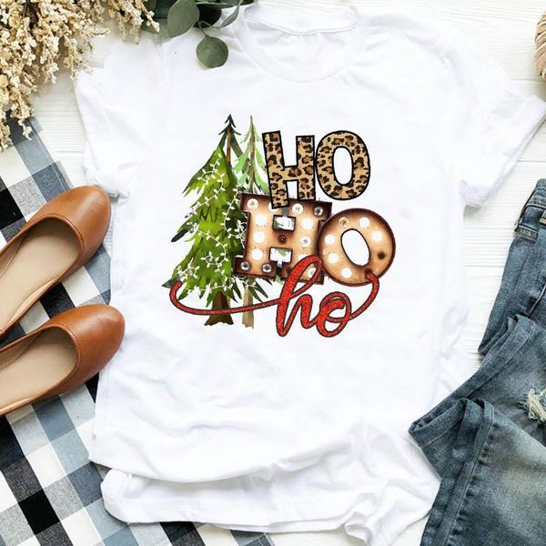 

merry christmas tree leopard ho print t shirt women short sleeve o neck loose tshirt summer women tee shirt camisetas mujer, White