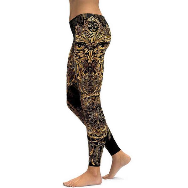 Leggings da yoga con gufo ornamentale dorato Pantaloni da yoga a vita alta Palestra traspirante Fitness Push Up Girl Yoga Leggings da allenamento H1221