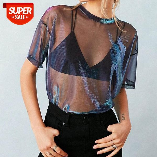 

mesh clothes see-through shiny women's ladies short sleevet-shirts casual #8h4p, White