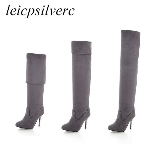 

women boots spring autumn high heels shoes 2020 new fashion flock over the knee slip on stretch slim boot black brown grey