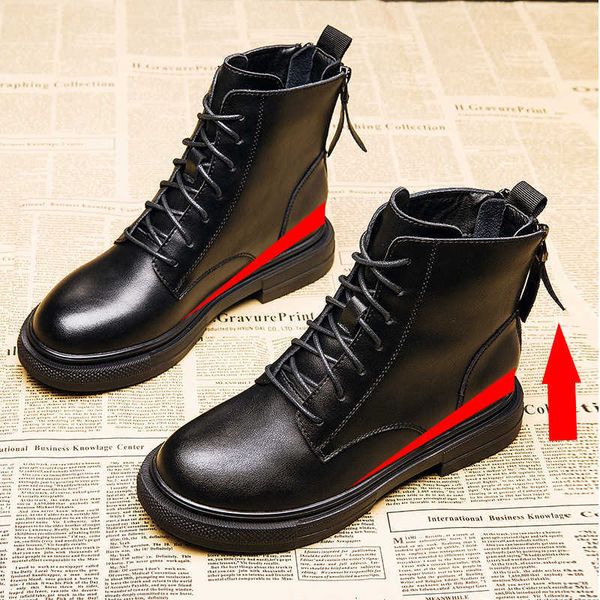 

plush inner heightening martin women's leather 2021 new autumn and winter korean back zipper thick heel british short boots, Black