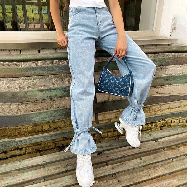 

2020 fashion high waist straight retro jeans pants punk style women streetwear loose casual lace ladies blue denim pants basic1, Black;white