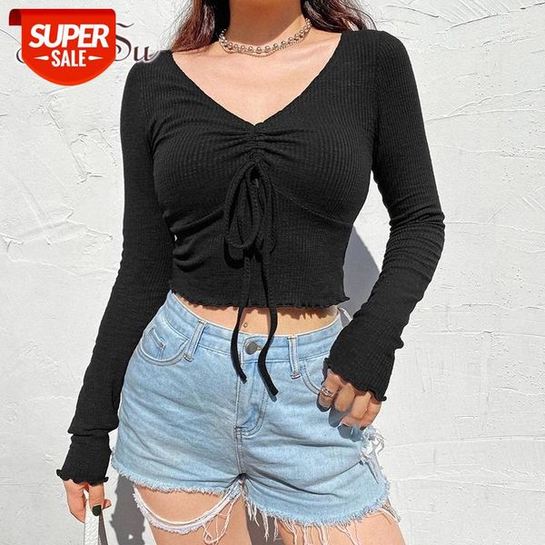 

artsu v neck white cropped t-shirt ladies long sleeve cotton tshirts women ruched tie front t shirt tees ts52324 #kj6s