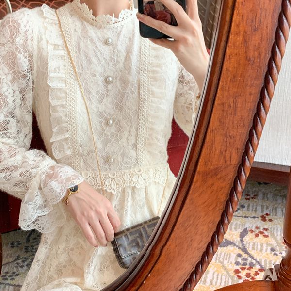 

2021 new lace long sleeve elegant white women designer midi 2021 spring casual party ladies one-piece dress new d0mb, Black;gray