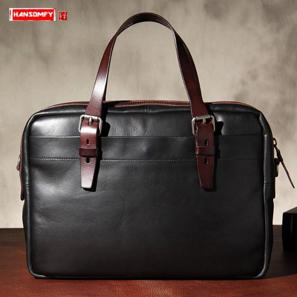 

new men's bag vegetable tanned leather handbag briefcase retro leather business men shoulder diagonal bag computer bags original