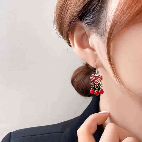 

charms earrings s925 silver chinese style red auspicious cloud lock for year 2022 fashion simple temperament women, Golden