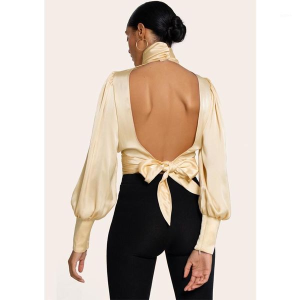 

2020 summer high-quality shirt high-necked long-sleeved lantern sleeves pleated waist waist banquet, White