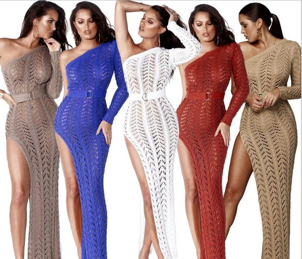 

high slit knitted dress one shoulder hollow out women crochet dresses long crocheted beach dress vestidos, Black;gray