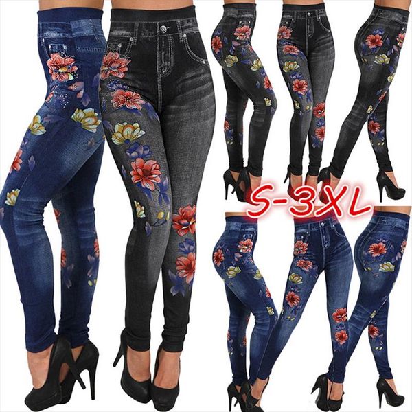 

fashion women leggings floral print pencil pants leggins 2020 3xl plus size casual high waist faux denim leggings bottoms, Black
