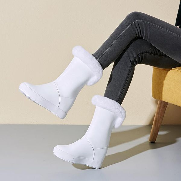 

2020 new winter mid calf boots women genuine boots wedges round toe hair shoes size 34-40, Black