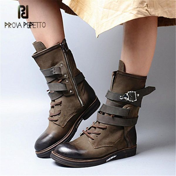 

boots prova perfetto army green retro buckles women lace up high female round toe platform rubber boot for winter1, Black