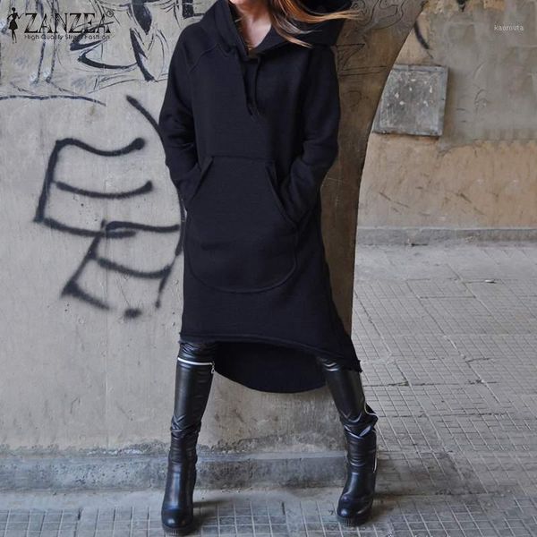 

fashion zanzea women hoodies long sleeve sweatshirts autumn irregular hem pullover casual hooded sweatshirt dress long vestido1, Black