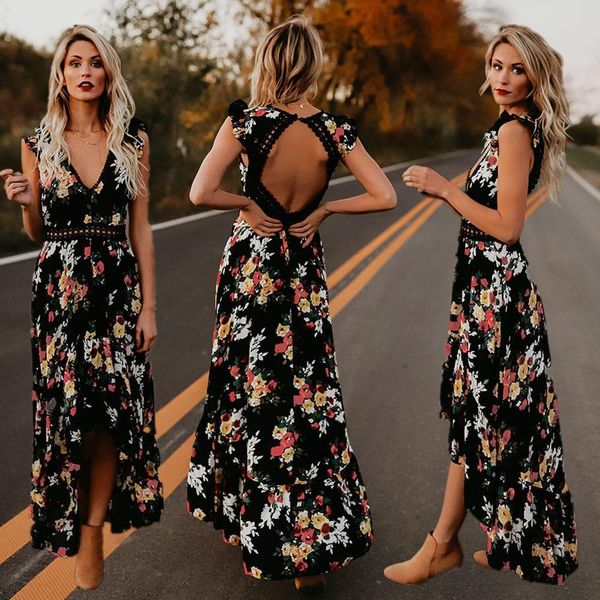

2021 elegant dresses women deep v neck dress backless asymmertrical lace summer floral flower party dress, Black;gray