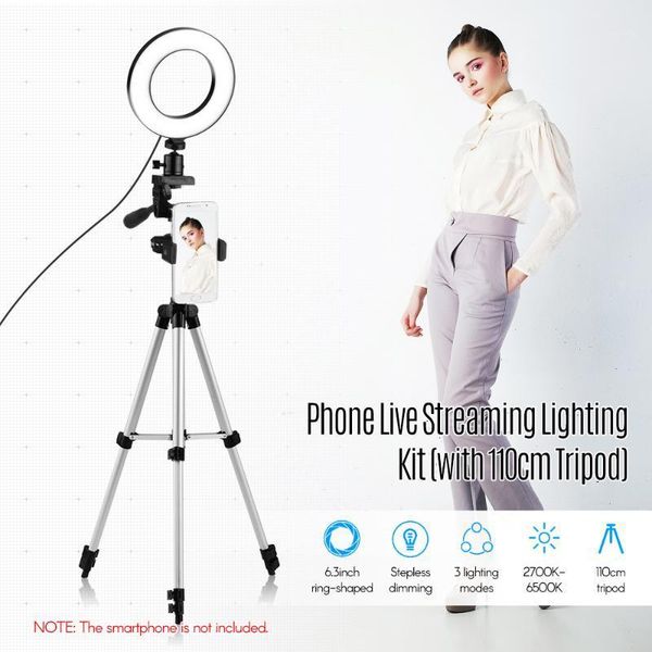 

flash heads led ring light phone live lighting kit 6.3inch/16cm 2700k~6500k bi-color dimmable max. height 110cm portable tabletripod1