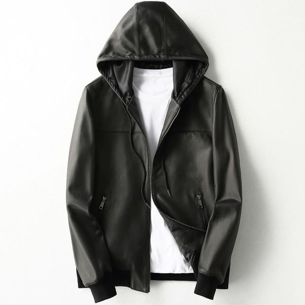 

men's leather & faux real sheepskin coat hooded bomber genuine jacket men motorcycle jackets coats chaqueta cuero hombre kfs19m017, Black