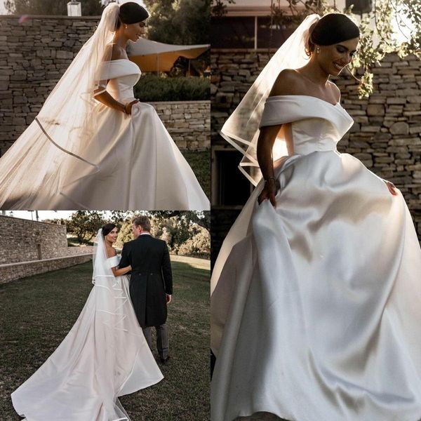 Винтажные простые платья с плечевой часовни, покрываемые кнопки, атласные складки садовые свадебные свадебные платья vestidos 403